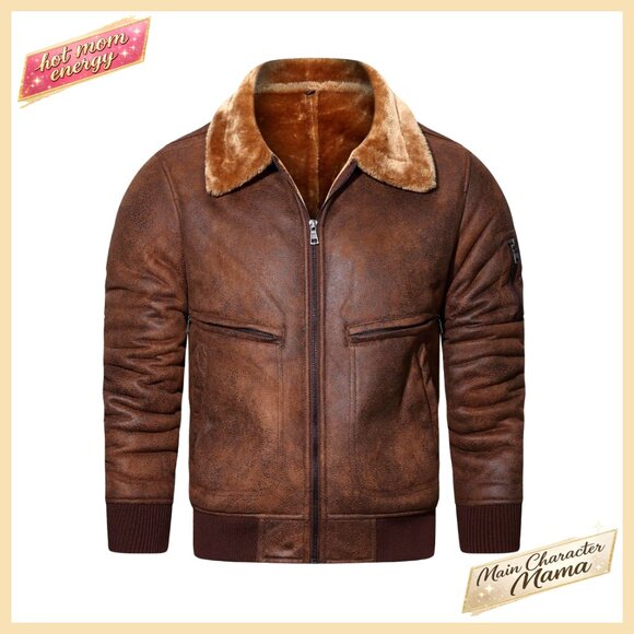 Faux Leather Bomber Jacket Vintage Retro Style Fleece Lined Winter Coat
